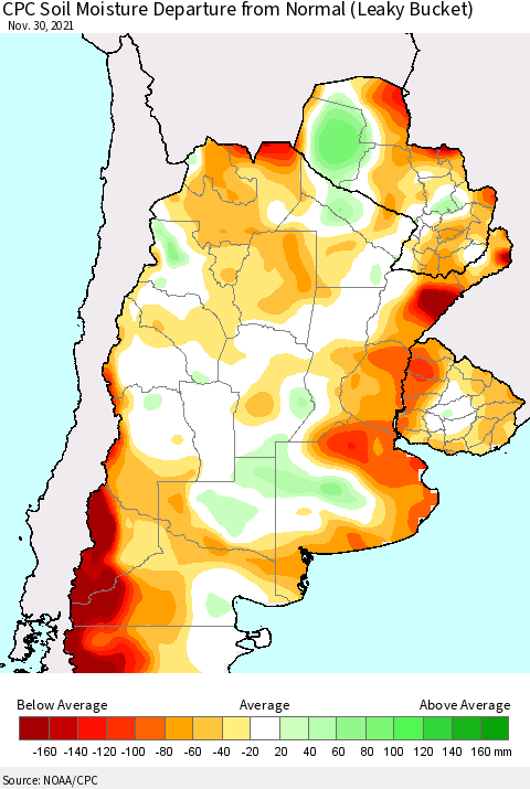 Southern South America CPC Soil Moisture Anomaly (Leaky Bucket) Thematic Map For 11/26/2021 - 11/30/2021