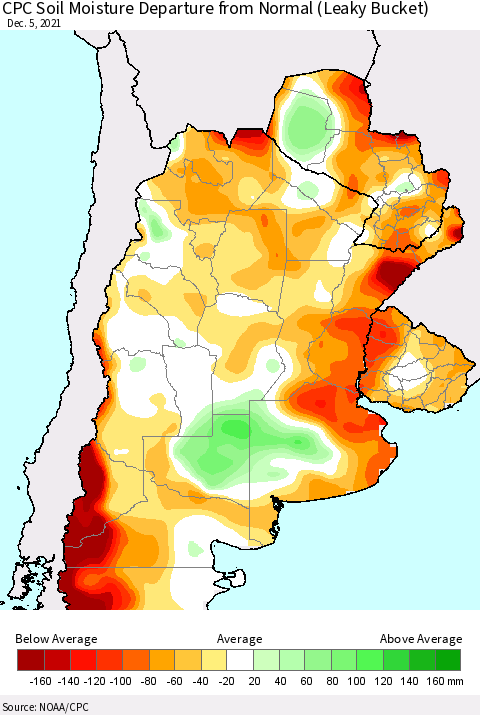 Southern South America CPC Soil Moisture Anomaly (Leaky Bucket) Thematic Map For 12/1/2021 - 12/5/2021