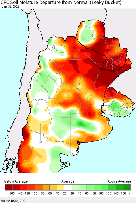 Southern South America CPC Soil Moisture Anomaly (Leaky Bucket) Thematic Map For 1/26/2022 - 1/31/2022