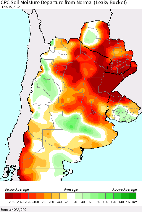 Southern South America CPC Soil Moisture Anomaly (Leaky Bucket) Thematic Map For 2/11/2022 - 2/15/2022