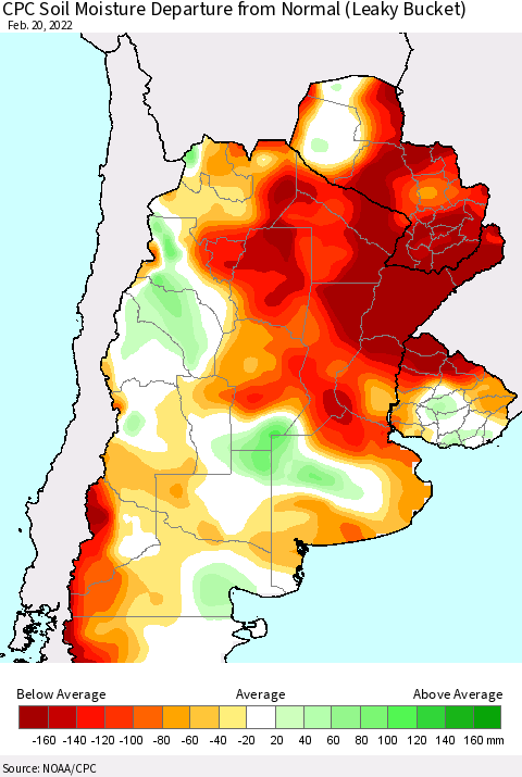 Southern South America CPC Soil Moisture Departure from Normal (Leaky Bucket) Thematic Map For 2/16/2022 - 2/20/2022