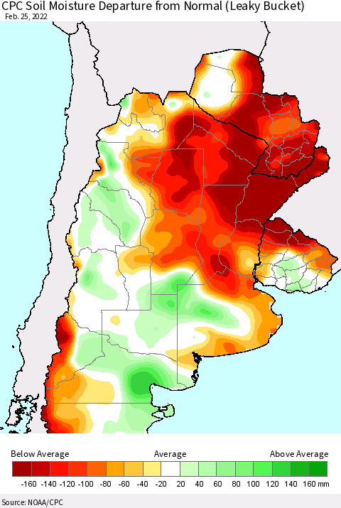Southern South America CPC Soil Moisture Anomaly (Leaky Bucket) Thematic Map For 2/21/2022 - 2/25/2022