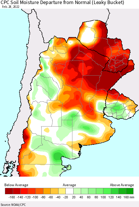 Southern South America CPC Soil Moisture Anomaly (Leaky Bucket) Thematic Map For 2/26/2022 - 2/28/2022