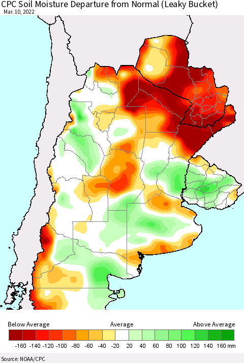Southern South America CPC Soil Moisture Anomaly (Leaky Bucket) Thematic Map For 3/6/2022 - 3/10/2022