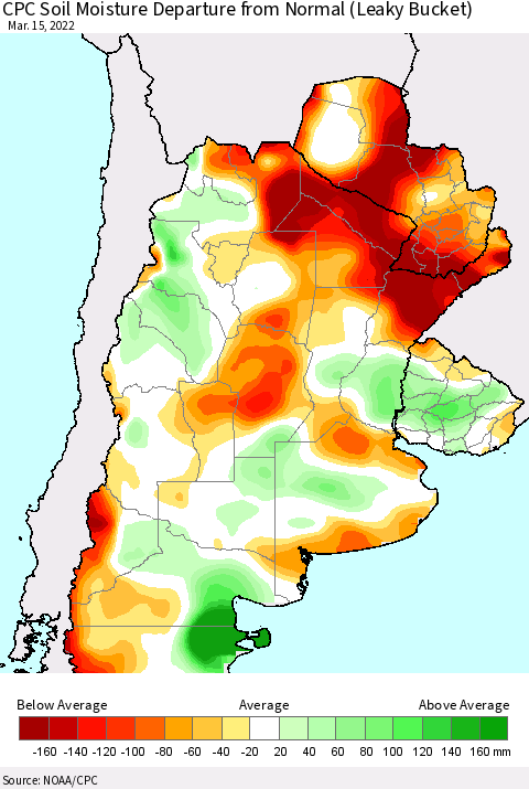Southern South America CPC Soil Moisture Anomaly (Leaky Bucket) Thematic Map For 3/11/2022 - 3/15/2022
