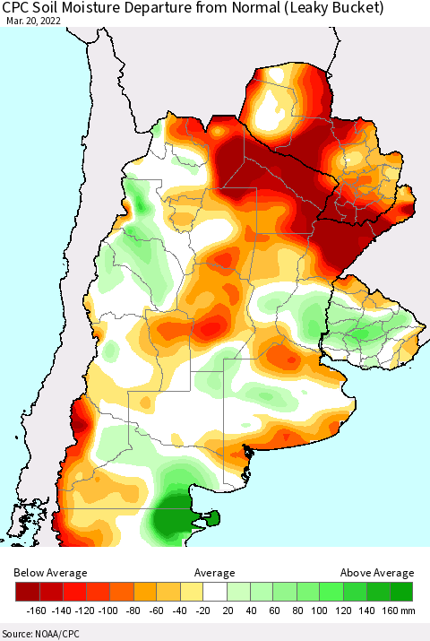 Southern South America CPC Soil Moisture Anomaly (Leaky Bucket) Thematic Map For 3/16/2022 - 3/20/2022