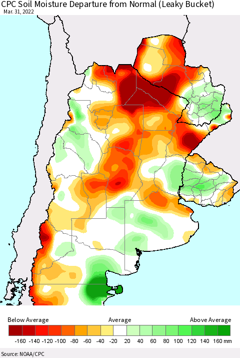 Southern South America CPC Soil Moisture Departure from Normal (Leaky Bucket) Thematic Map For 3/26/2022 - 3/31/2022