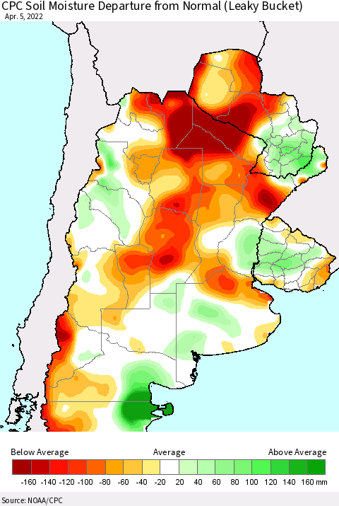 Southern South America CPC Soil Moisture Anomaly (Leaky Bucket) Thematic Map For 4/1/2022 - 4/5/2022