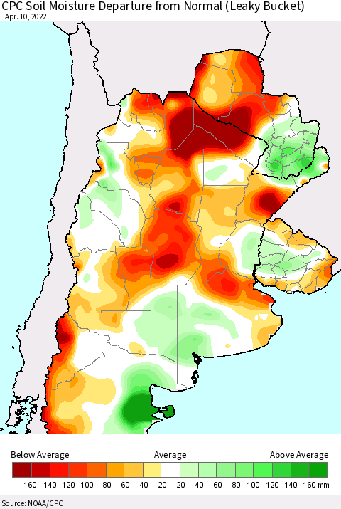 Southern South America CPC Soil Moisture Anomaly (Leaky Bucket) Thematic Map For 4/6/2022 - 4/10/2022
