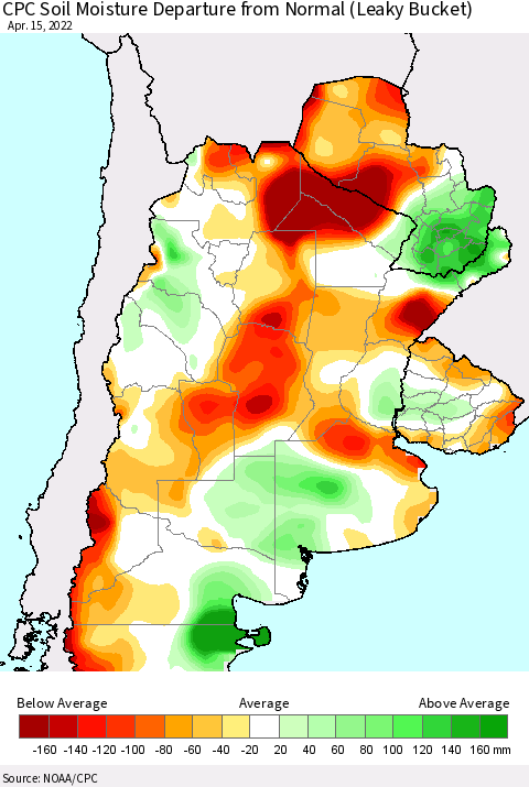 Southern South America CPC Soil Moisture Anomaly (Leaky Bucket) Thematic Map For 4/11/2022 - 4/15/2022