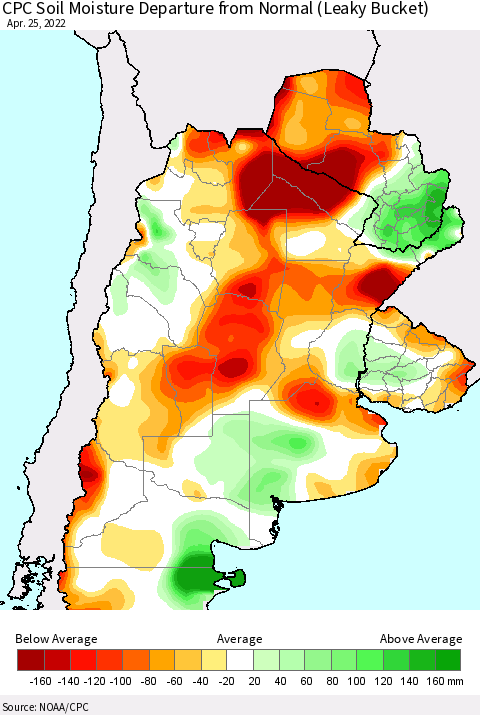 Southern South America CPC Soil Moisture Anomaly (Leaky Bucket) Thematic Map For 4/21/2022 - 4/25/2022
