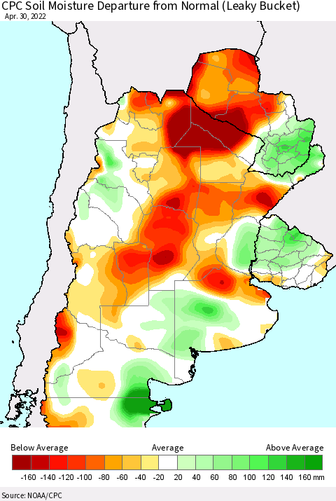 Southern South America CPC Soil Moisture Departure from Normal (Leaky Bucket) Thematic Map For 4/26/2022 - 4/30/2022