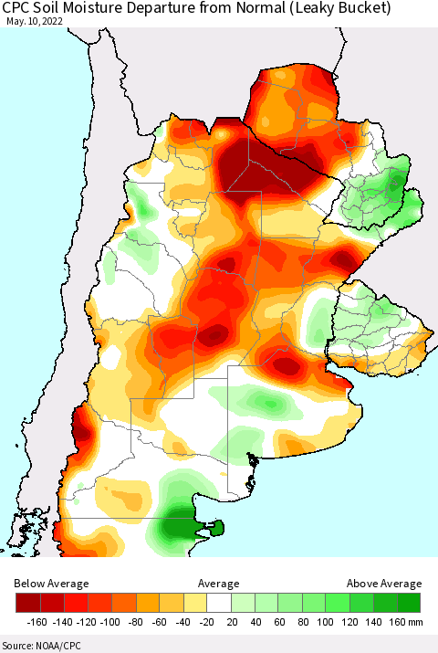 Southern South America CPC Soil Moisture Departure from Normal (Leaky Bucket) Thematic Map For 5/6/2022 - 5/10/2022
