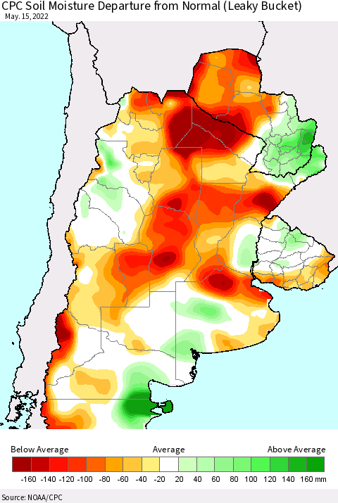 Southern South America CPC Soil Moisture Anomaly (Leaky Bucket) Thematic Map For 5/11/2022 - 5/15/2022