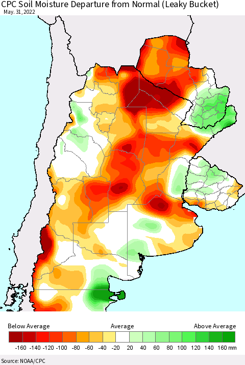 Southern South America CPC Soil Moisture Anomaly (Leaky Bucket) Thematic Map For 5/26/2022 - 5/31/2022