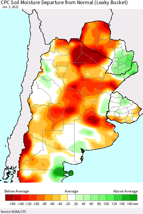 Southern South America CPC Soil Moisture Anomaly (Leaky Bucket) Thematic Map For 6/1/2022 - 6/5/2022