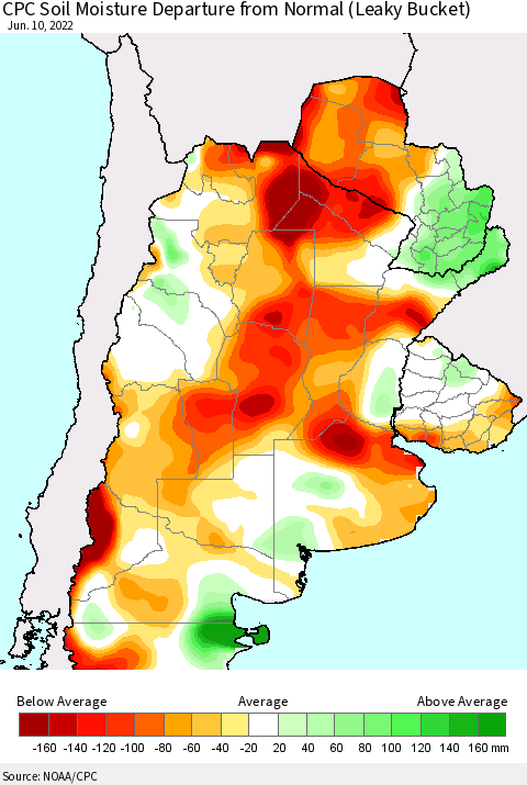 Southern South America CPC Soil Moisture Departure from Normal (Leaky Bucket) Thematic Map For 6/6/2022 - 6/10/2022