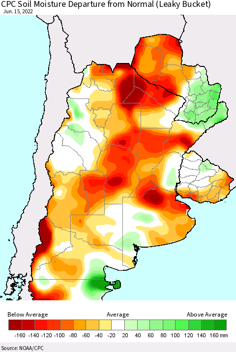 Southern South America CPC Soil Moisture Anomaly (Leaky Bucket) Thematic Map For 6/11/2022 - 6/15/2022
