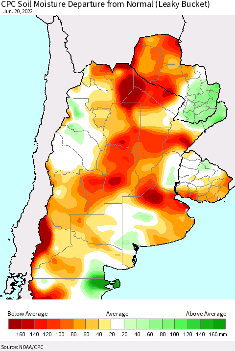 Southern South America CPC Soil Moisture Anomaly (Leaky Bucket) Thematic Map For 6/16/2022 - 6/20/2022