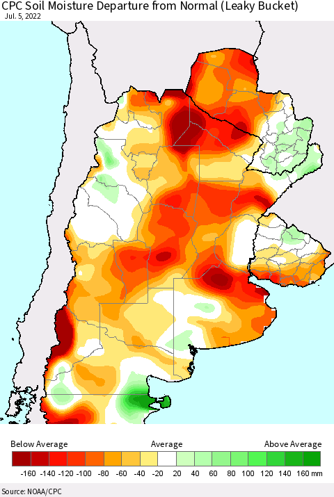 Southern South America CPC Soil Moisture Departure from Normal (Leaky Bucket) Thematic Map For 7/1/2022 - 7/5/2022