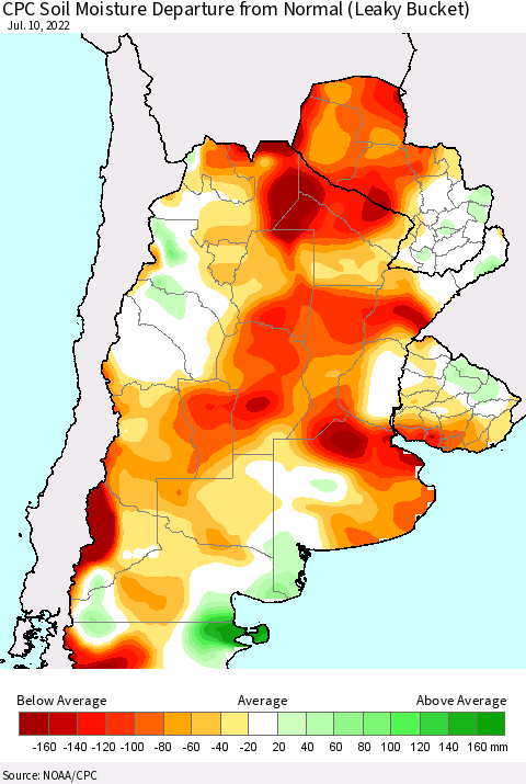 Southern South America CPC Soil Moisture Departure from Normal (Leaky Bucket) Thematic Map For 7/6/2022 - 7/10/2022