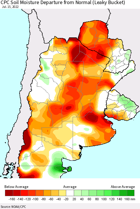 Southern South America CPC Soil Moisture Departure from Normal (Leaky Bucket) Thematic Map For 7/11/2022 - 7/15/2022