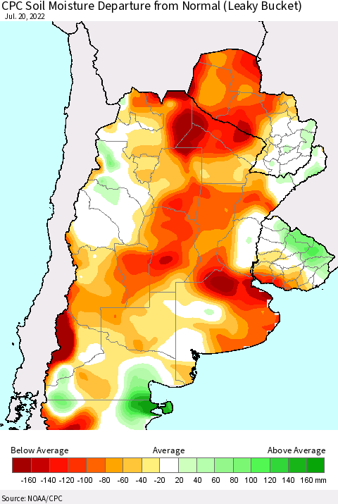Southern South America CPC Soil Moisture Departure from Normal (Leaky Bucket) Thematic Map For 7/16/2022 - 7/20/2022