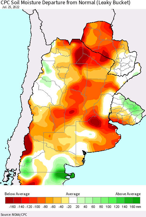 Southern South America CPC Soil Moisture Departure from Normal (Leaky Bucket) Thematic Map For 7/21/2022 - 7/25/2022