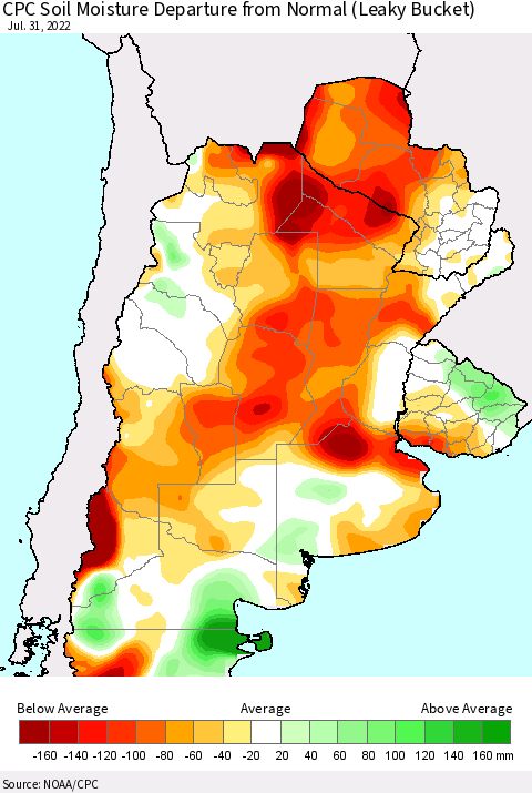 Southern South America CPC Soil Moisture Departure from Normal (Leaky Bucket) Thematic Map For 7/26/2022 - 7/31/2022