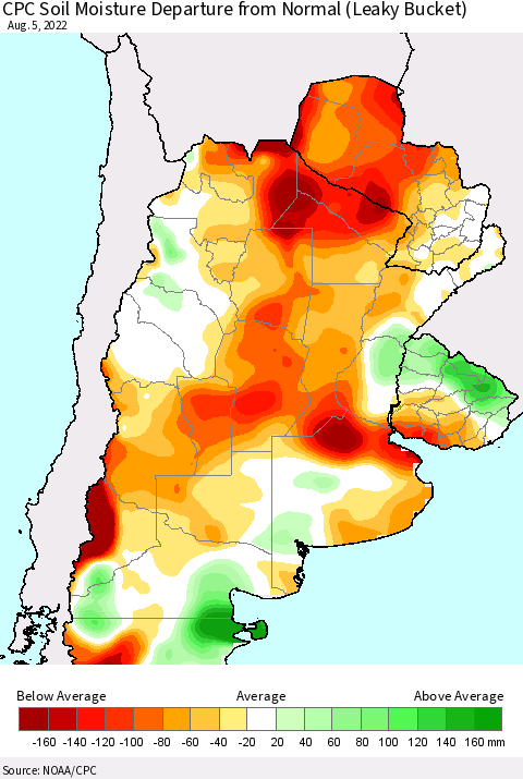 Southern South America CPC Soil Moisture Departure from Normal (Leaky Bucket) Thematic Map For 8/1/2022 - 8/5/2022