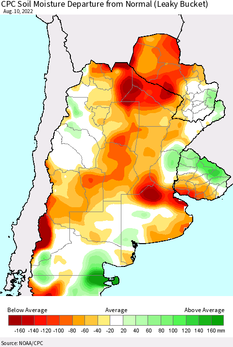 Southern South America CPC Soil Moisture Departure from Normal (Leaky Bucket) Thematic Map For 8/6/2022 - 8/10/2022