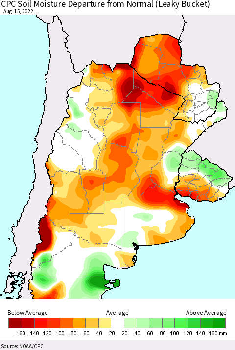 Southern South America CPC Soil Moisture Departure from Normal (Leaky Bucket) Thematic Map For 8/11/2022 - 8/15/2022