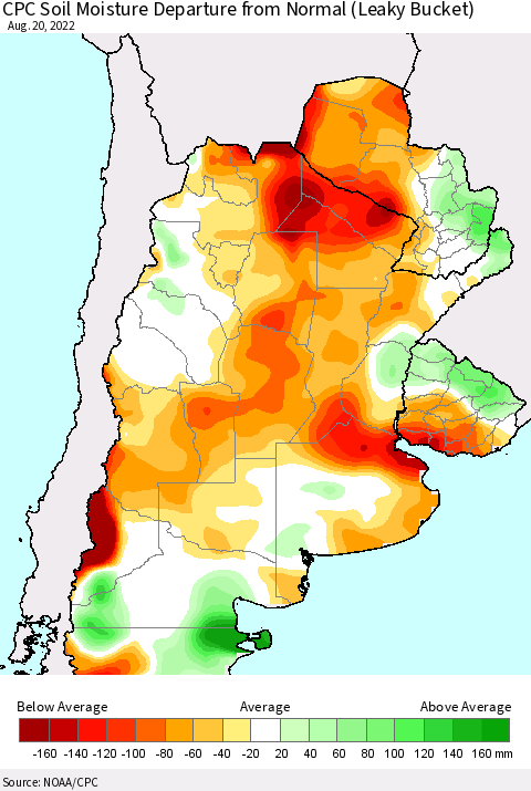 Southern South America CPC Soil Moisture Departure from Normal (Leaky Bucket) Thematic Map For 8/16/2022 - 8/20/2022
