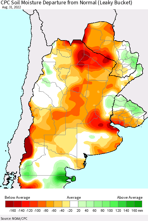 Southern South America CPC Soil Moisture Departure from Normal (Leaky Bucket) Thematic Map For 8/26/2022 - 8/31/2022