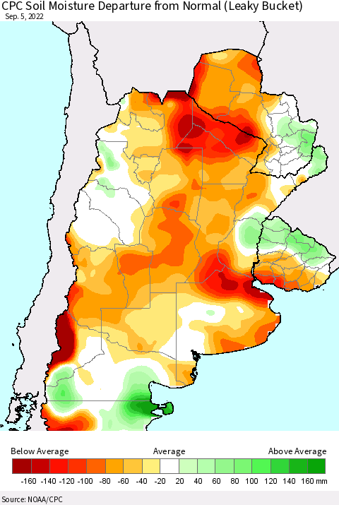 Southern South America CPC Soil Moisture Departure from Normal (Leaky Bucket) Thematic Map For 9/1/2022 - 9/5/2022