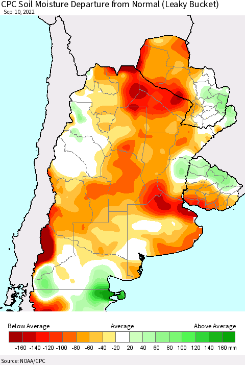Southern South America CPC Soil Moisture Departure from Normal (Leaky Bucket) Thematic Map For 9/6/2022 - 9/10/2022