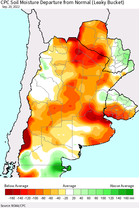 Southern South America CPC Soil Moisture Departure from Normal (Leaky Bucket) Thematic Map For 9/16/2022 - 9/20/2022