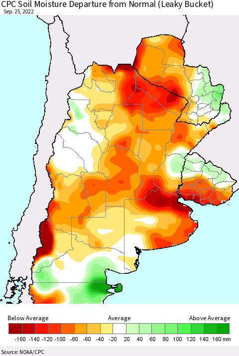 Southern South America CPC Soil Moisture Departure from Normal (Leaky Bucket) Thematic Map For 9/21/2022 - 9/25/2022