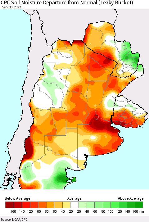 Southern South America CPC Soil Moisture Departure from Normal (Leaky Bucket) Thematic Map For 9/26/2022 - 9/30/2022