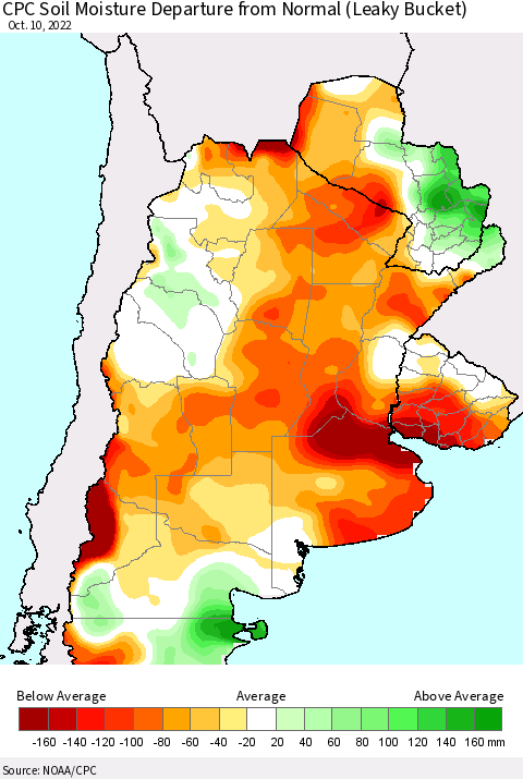 Southern South America CPC Soil Moisture Departure from Normal (Leaky Bucket) Thematic Map For 10/6/2022 - 10/10/2022
