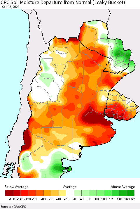 Southern South America CPC Soil Moisture Departure from Normal (Leaky Bucket) Thematic Map For 10/11/2022 - 10/15/2022