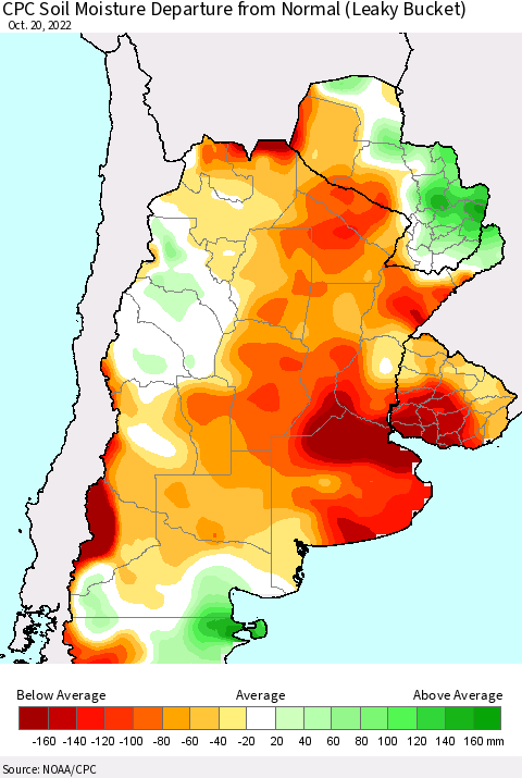 Southern South America CPC Soil Moisture Departure from Normal (Leaky Bucket) Thematic Map For 10/16/2022 - 10/20/2022