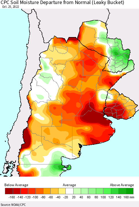 Southern South America CPC Soil Moisture Departure from Normal (Leaky Bucket) Thematic Map For 10/21/2022 - 10/25/2022