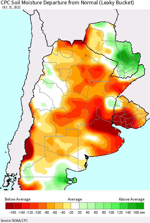 Southern South America CPC Soil Moisture Departure from Normal (Leaky Bucket) Thematic Map For 10/26/2022 - 10/31/2022
