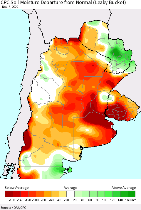 Southern South America CPC Soil Moisture Departure from Normal (Leaky Bucket) Thematic Map For 11/1/2022 - 11/5/2022