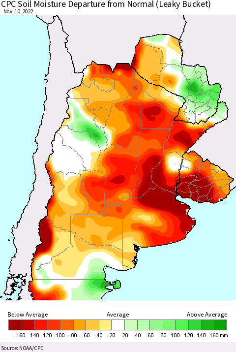 Southern South America CPC Soil Moisture Departure from Normal (Leaky Bucket) Thematic Map For 11/6/2022 - 11/10/2022