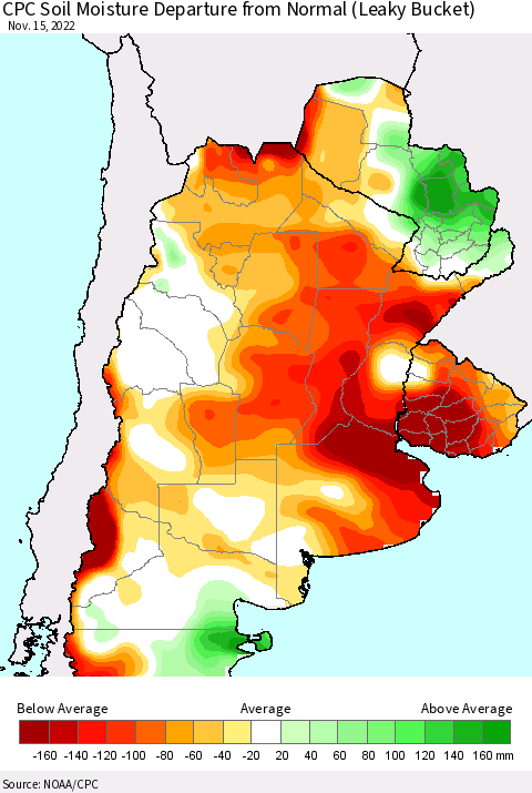 Southern South America CPC Soil Moisture Departure from Normal (Leaky Bucket) Thematic Map For 11/11/2022 - 11/15/2022