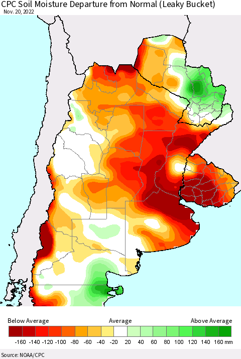 Southern South America CPC Soil Moisture Departure from Normal (Leaky Bucket) Thematic Map For 11/16/2022 - 11/20/2022