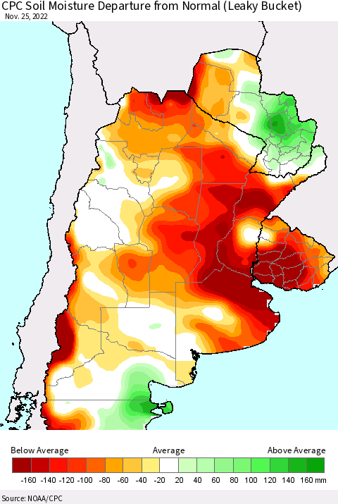 Southern South America CPC Soil Moisture Departure from Normal (Leaky Bucket) Thematic Map For 11/21/2022 - 11/25/2022