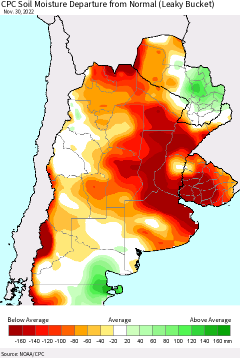 Southern South America CPC Soil Moisture Departure from Normal (Leaky Bucket) Thematic Map For 11/26/2022 - 11/30/2022